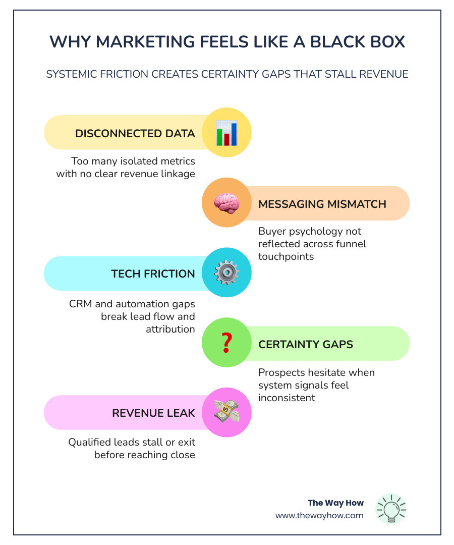 marketing system audit overview: key components, common failure points, and audit outcomes infographic