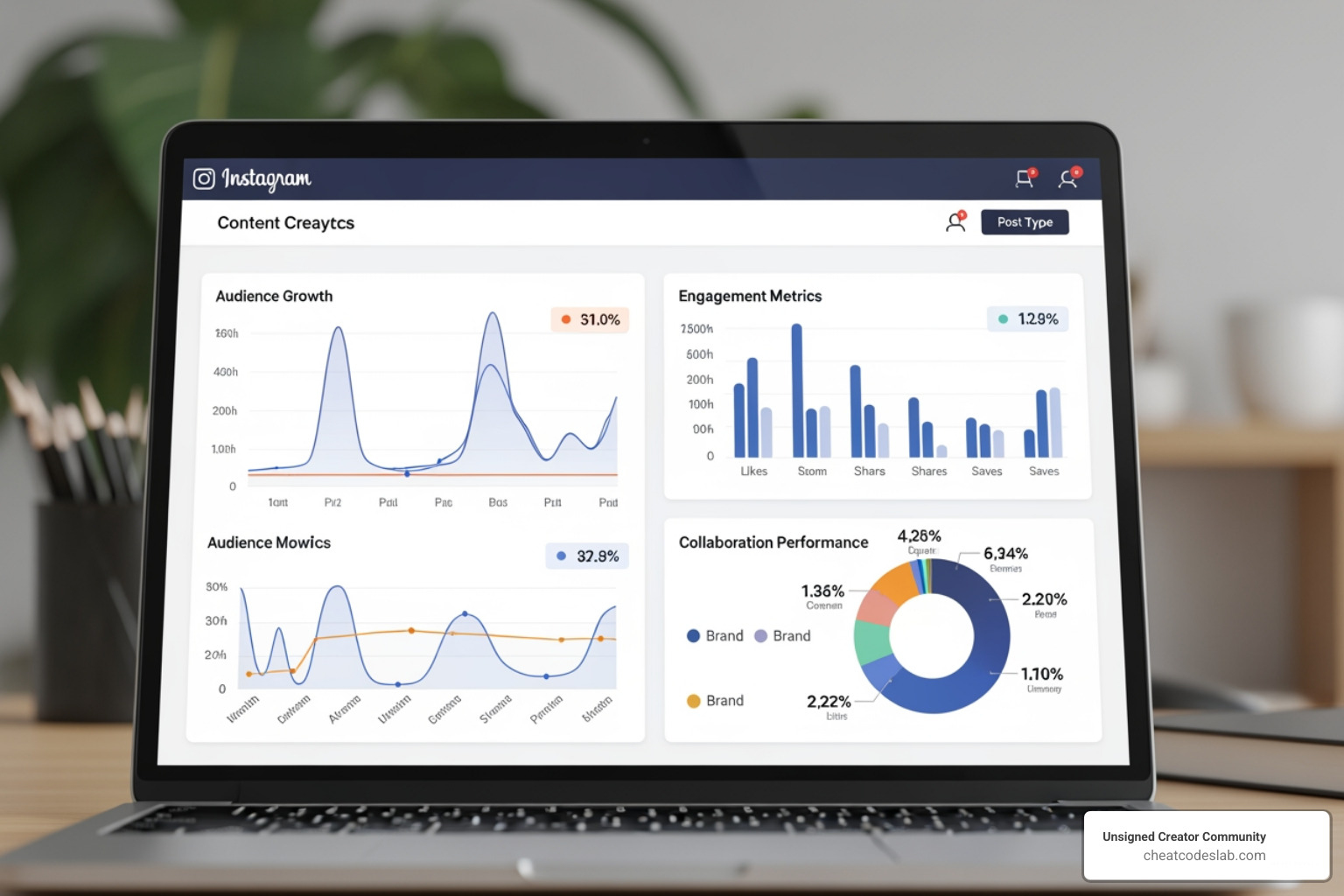 Creator collaboration analytics showing audience growth and metric tracking