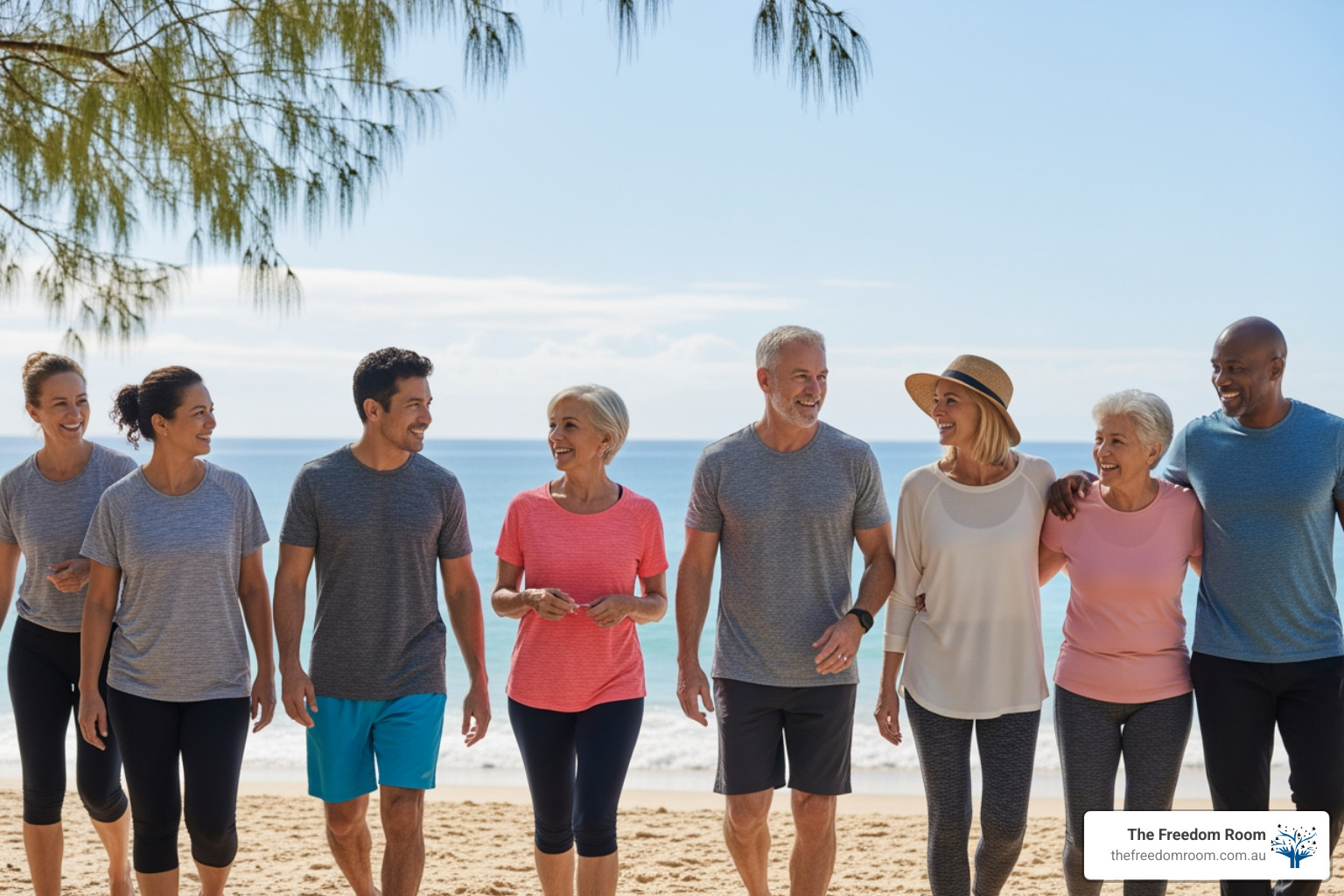 A group of people in athletic wear enjoying a vibrant group walk by the ocean, highlighting social connection and healthy habits as effective ways to quit alcohol. A group of people in athletic wear enjoying a vibrant group walk by the ocean, highlighting social connection and healthy habits as effective ways to quit alcohol.