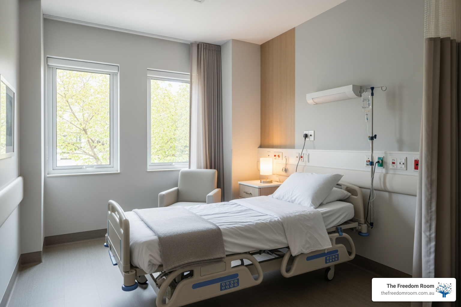 A quiet well-lit clinical recovery room designed for safe detox A quiet well-lit clinical recovery room designed for safe detox
