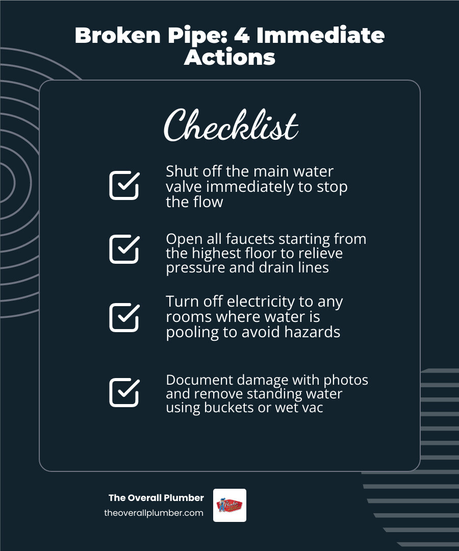 Infographic showing 7 immediate steps for broken pipe repair with icons for water shutoff, draining, and damage control Infographic showing 7 immediate steps for broken pipe repair with icons for water shutoff, draining, and damage control