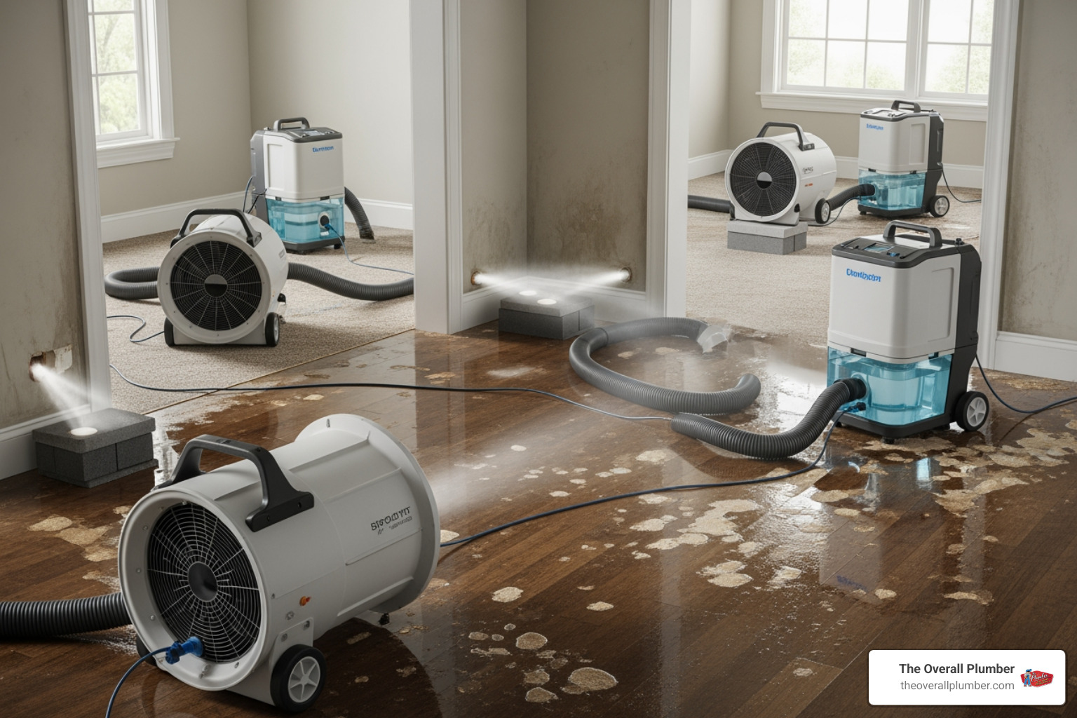 Restoration equipment including industrial air movers and dehumidifiers drying out water damage from a burst pipe Restoration equipment including industrial air movers and dehumidifiers drying out water damage from a burst pipe