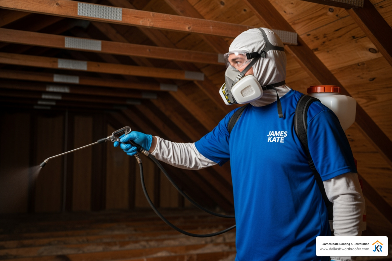 James Kate technician in PPE and royal blue shirt spraying moldicide in attic James Kate technician in PPE and royal blue shirt spraying moldicide in attic