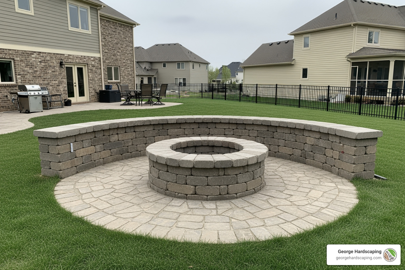 Safe custom masonry fire pit with code-compliant clearance from residential structures Safe custom masonry fire pit with code-compliant clearance from residential structures