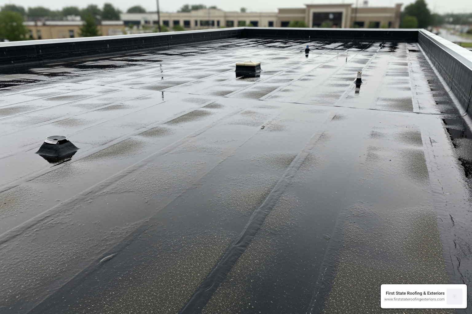 A flat roof suffering from severe water ponding after a rainstorm A flat roof suffering from severe water ponding after a rainstorm