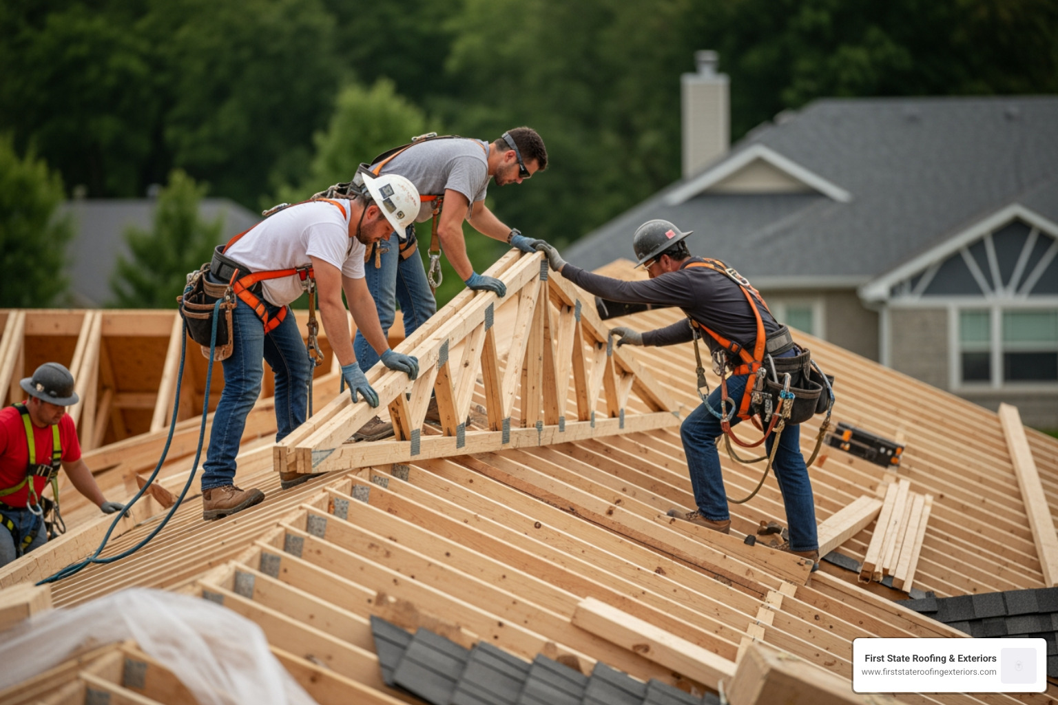 Professional roofing crew wearing OSHA-compliant safety harnesses installing engineered wood trusses on a residential roof Professional roofing crew wearing OSHA-compliant safety harnesses installing engineered wood trusses on a residential roof