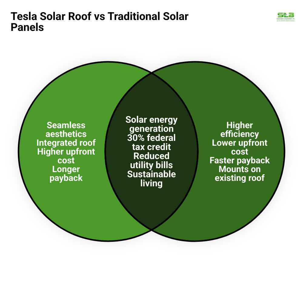 Infographic comparing Tesla Solar Roof vs traditional solar panels on cost, efficiency, payback period, and aesthetics