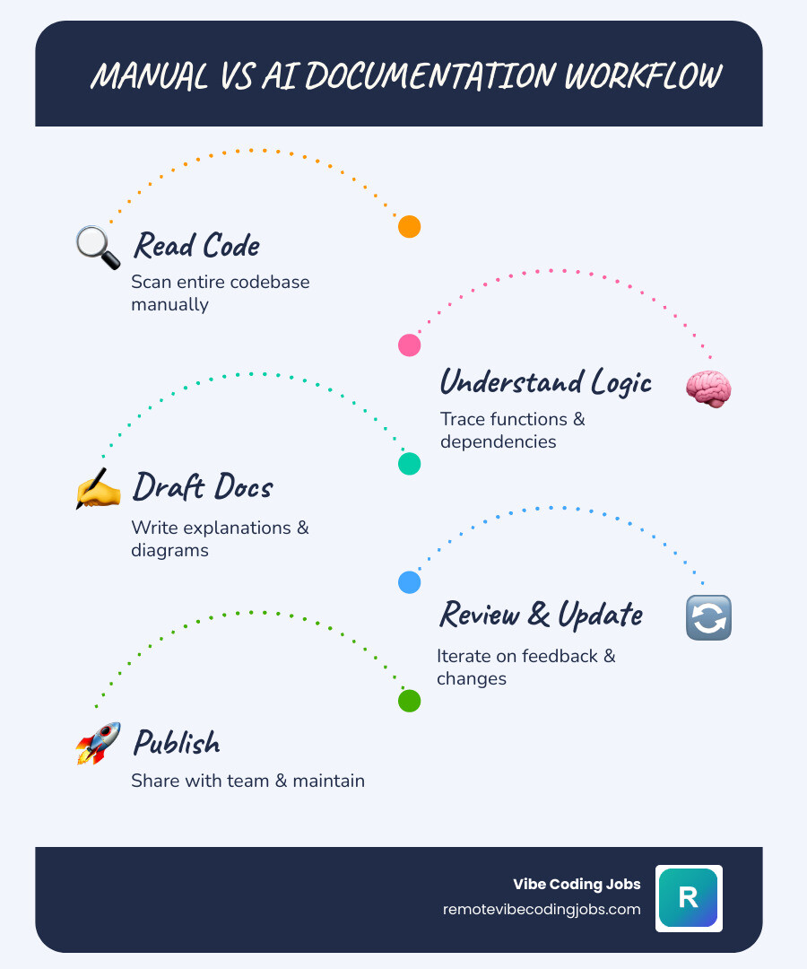 Manual vs AI documentation workflow comparison infographic showing time, steps, and output quality infographic Manual vs AI documentation workflow comparison infographic showing time, steps, and output quality infographic