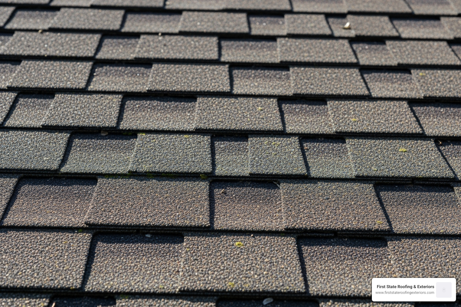 Weathered asphalt roof shingles showing minor wear, color fading, and granule loss Weathered asphalt roof shingles showing minor wear, color fading, and granule loss