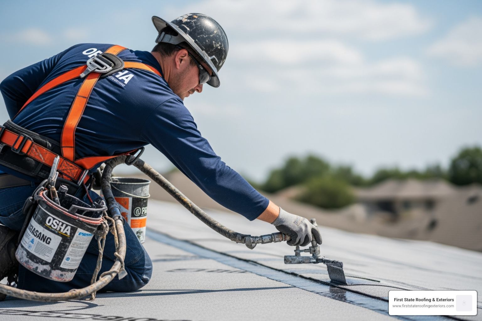 A certified roofing technician wearing a proper OSHA-compliant safety harness applying a high-performance protective roof A certified roofing technician wearing a proper OSHA-compliant safety harness applying a high-performance protective roof