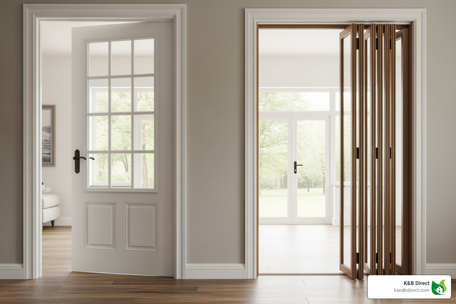 Comparison of traditional swing clearance vs folding door space savings