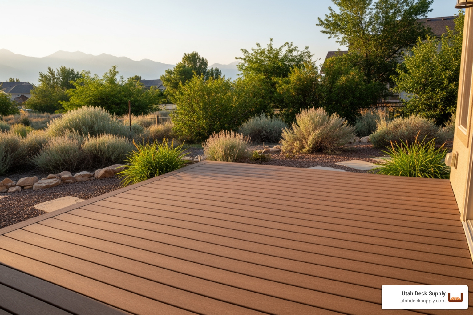 Trex Woodland Brown composite deck in northern Utah backyard, afternoon light Trex Woodland Brown composite deck in northern Utah backyard, afternoon light