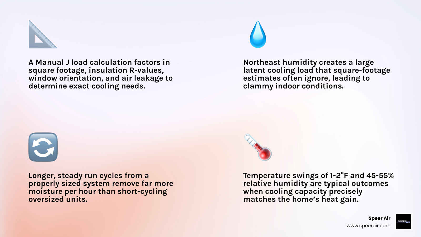 Infographic showing components of a home cooling load including square footage, insulation, windows, humidity, occupancy Infographic showing components of a home cooling load including square footage, insulation, windows, humidity, occupancy