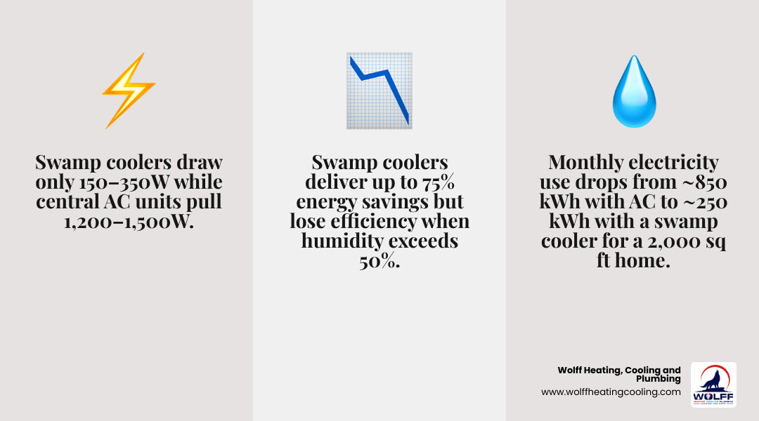 Infographic comparing swamp cooler vs AC energy use, monthly costs, humidity limits, and climate suitability infographic Infographic comparing swamp cooler vs AC energy use, monthly costs, humidity limits, and climate suitability infographic