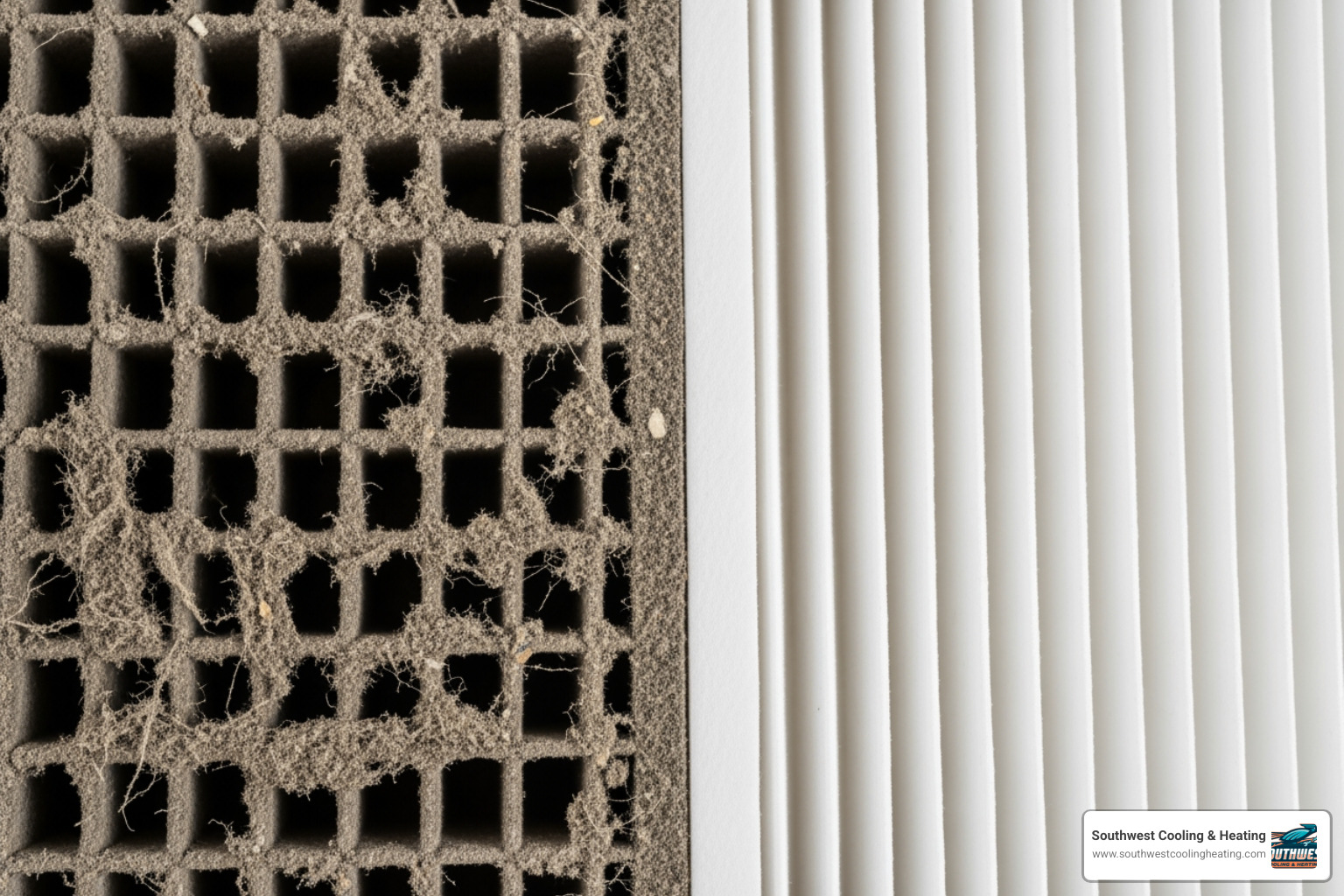 Dirty versus clean air filter comparison showing heavy dust buildup Dirty versus clean air filter comparison showing heavy dust buildup