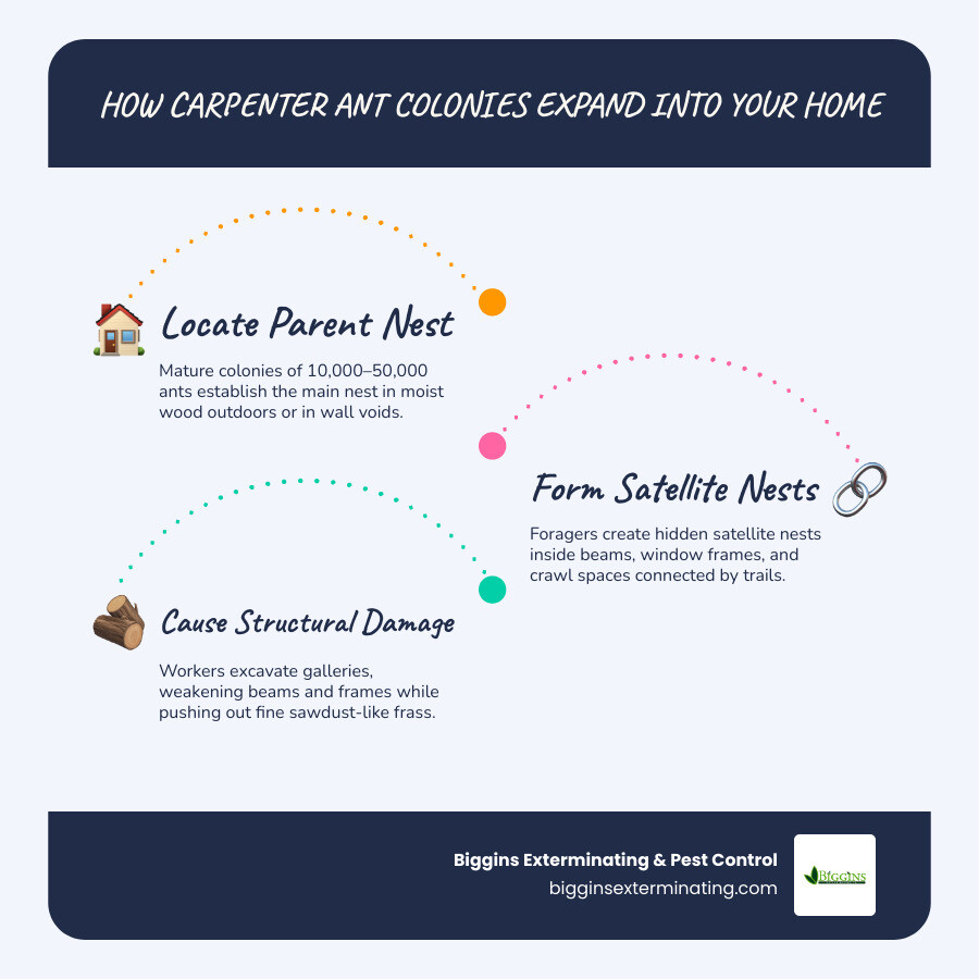 Infographic showing carpenter ant colony lifecycle and how satellite nests expand into homes infographic