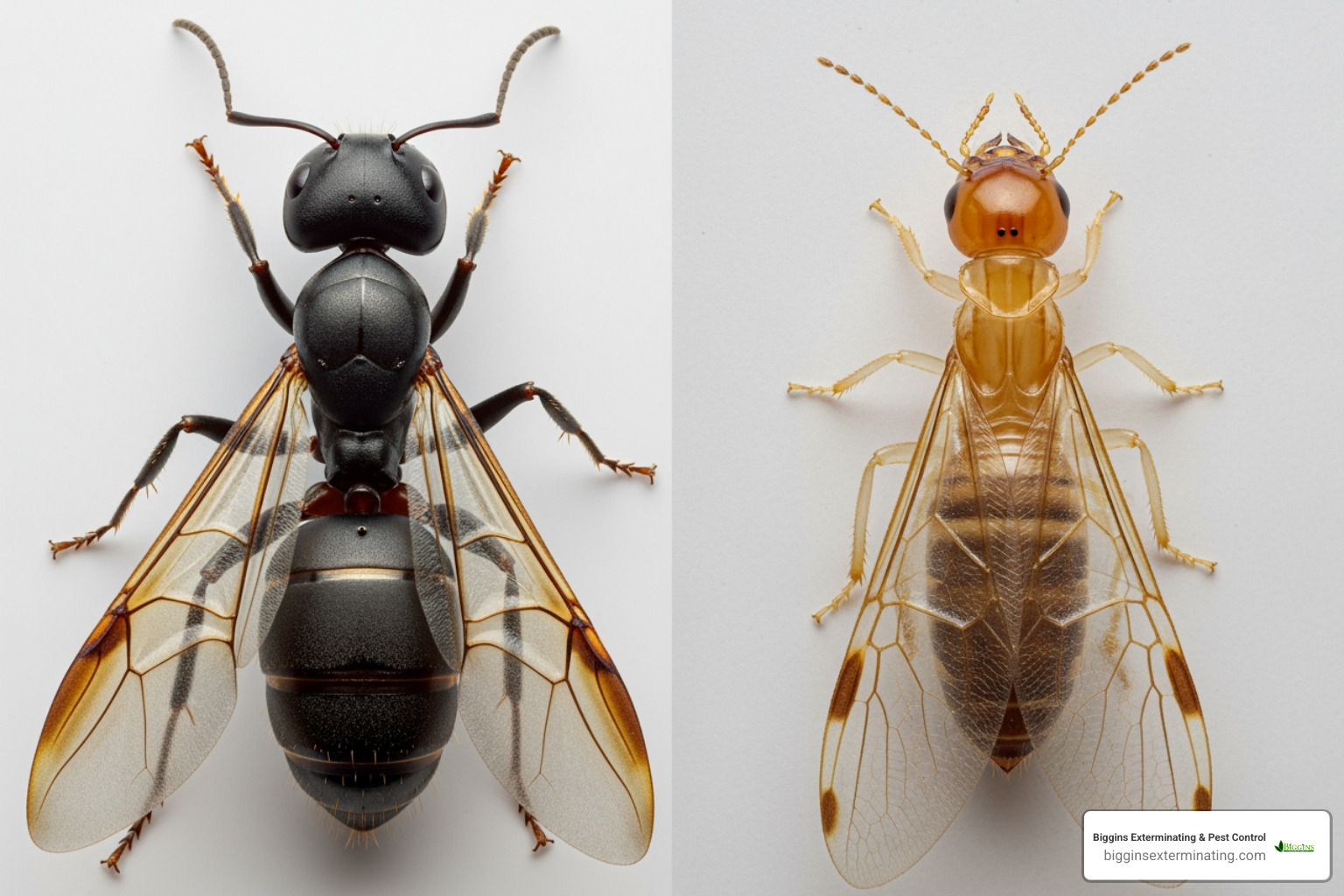 Side-by-side comparison of a carpenter ant and a termite showing differences in waist and wings