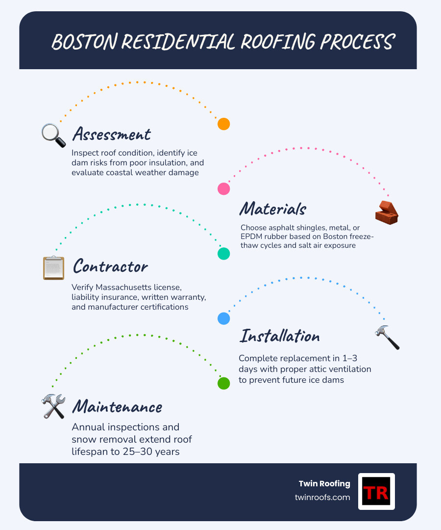 Infographic showing Boston residential roofing process: materials, cost ranges, ice dam risks, contractor checklist, and