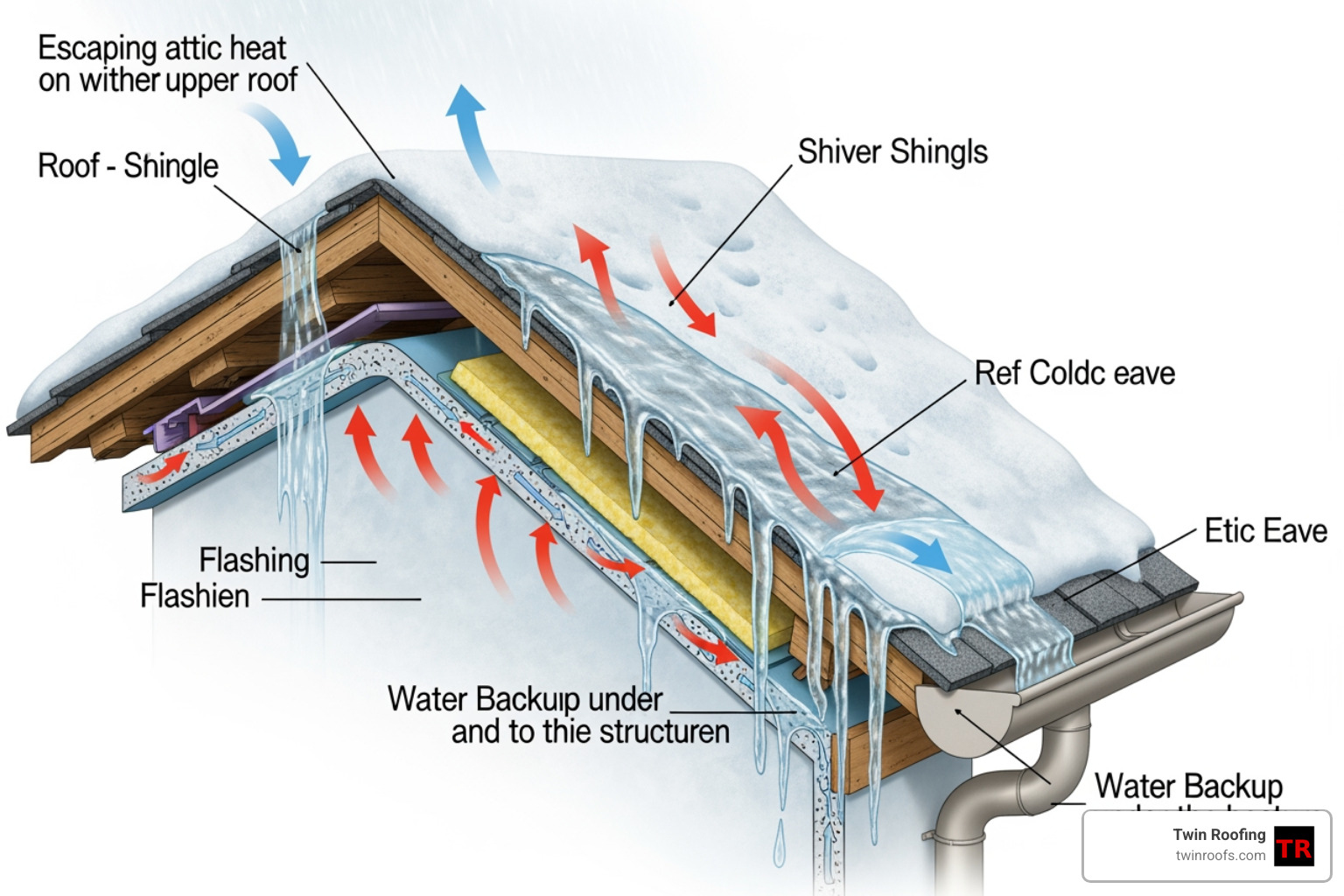 Cross-section diagram of ice dam formation on a roof eave showing escaping attic heat and water backup