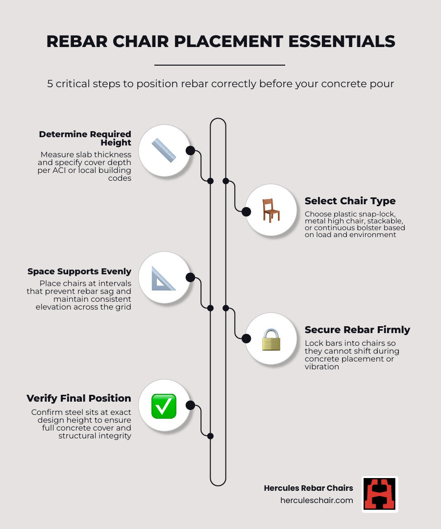 Infographic showing rebar chair placement in a concrete slab cross-section with height labels and cover zones infographic