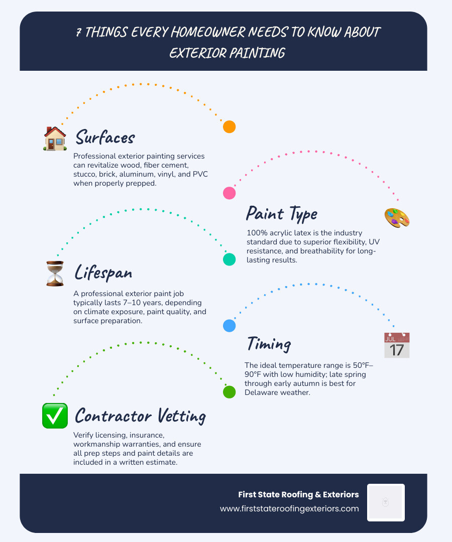 Infographic showing 7 key facts about exterior painting services including surfaces, lifespan, cost factors, and timing Infographic showing 7 key facts about exterior painting services including surfaces, lifespan, cost factors, and timing