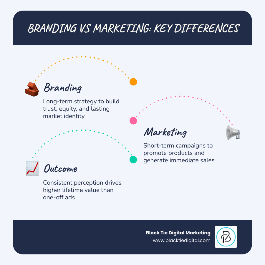 Infographic showing the difference between branding and marketing including goals timelines and outcomes infographic Infographic showing the difference between branding and marketing including goals timelines and outcomes infographic