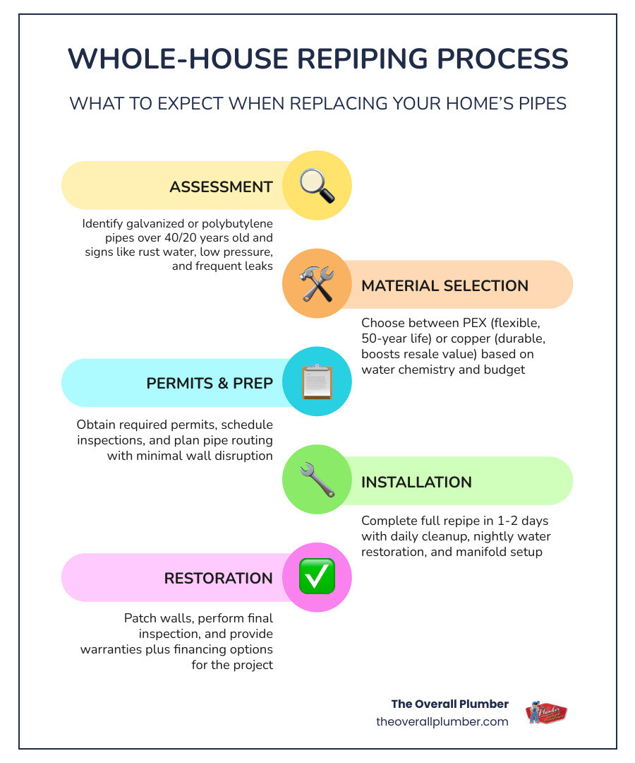 Whole-house repiping process overview infographic showing signs, materials, timeline, and cost factors infographic Whole-house repiping process overview infographic showing signs, materials, timeline, and cost factors infographic