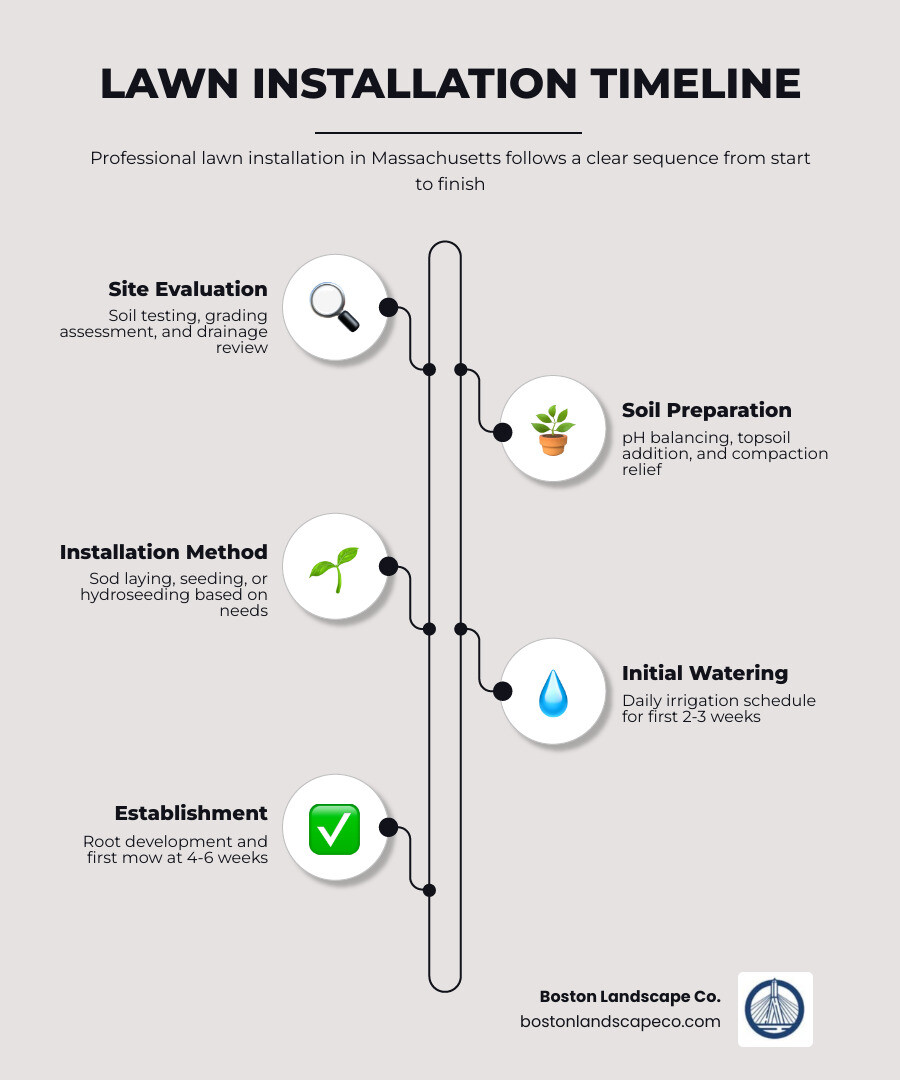 Infographic showing lawn installation timeline from site prep to established turf with key milestones infographic