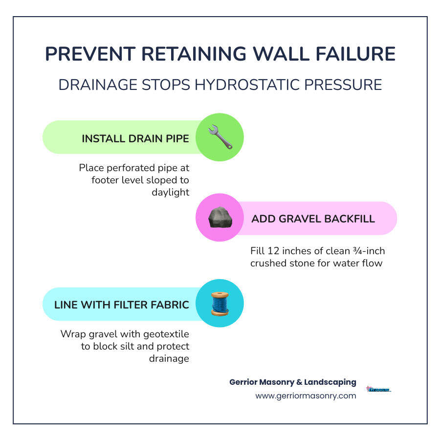 Infographic detailing proper retaining wall drainage: perforated pipe at footer level, gravel backfill, filter fabric