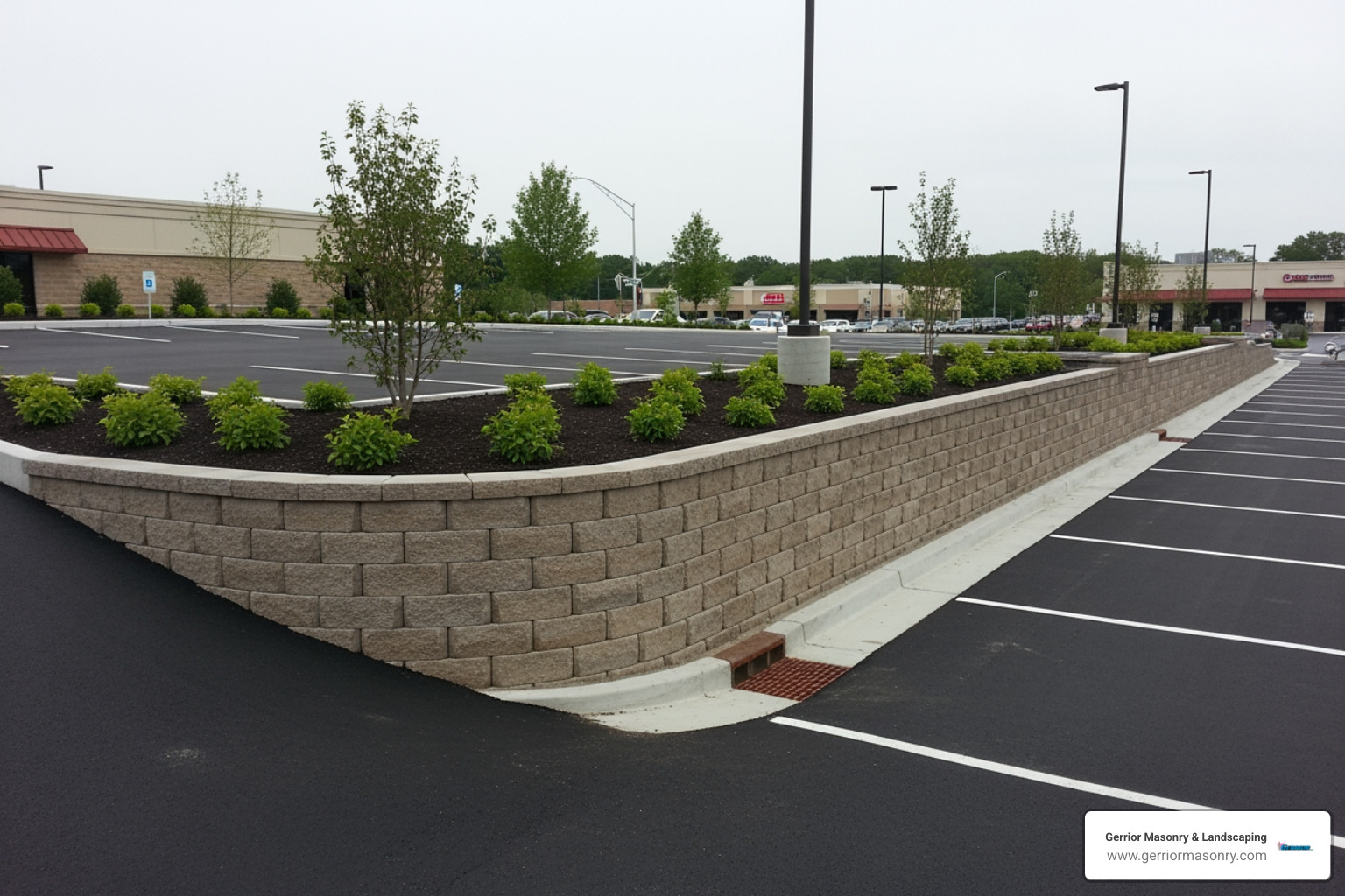 Finished structural masonry retaining wall stabilizing a sloped commercial parking lot