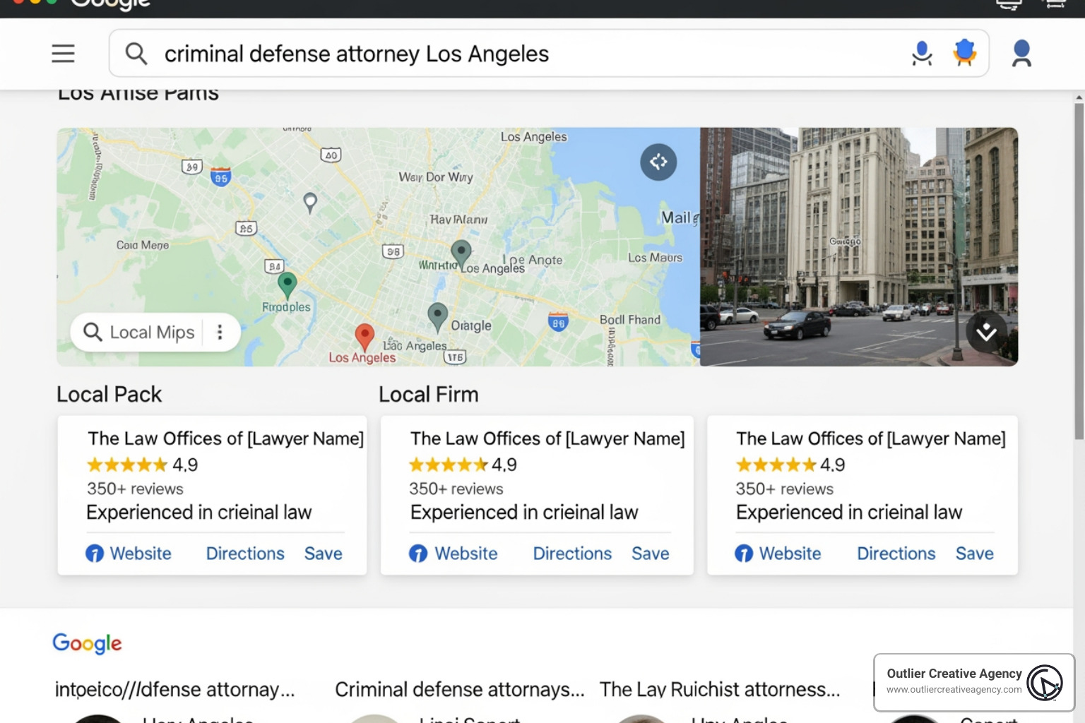 Law firm local pack search results showing Google Maps ranking