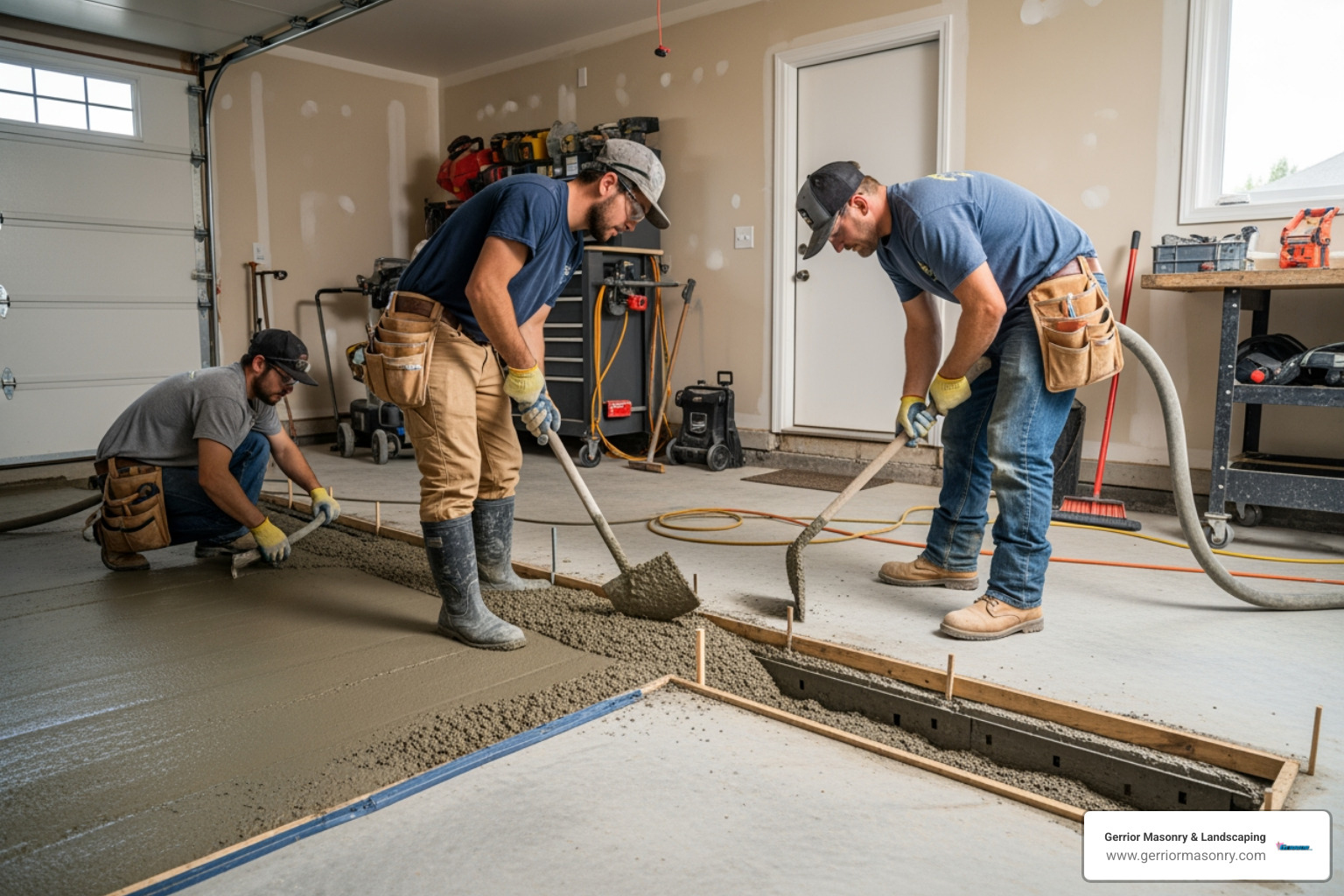 professional masons pouring concrete around a newly installed trench drain