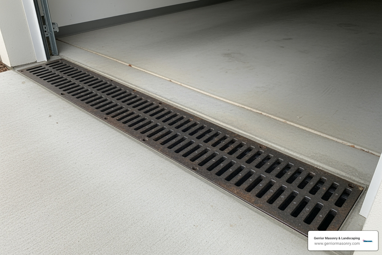 heavy-duty cast iron trench grate installed at a garage threshold