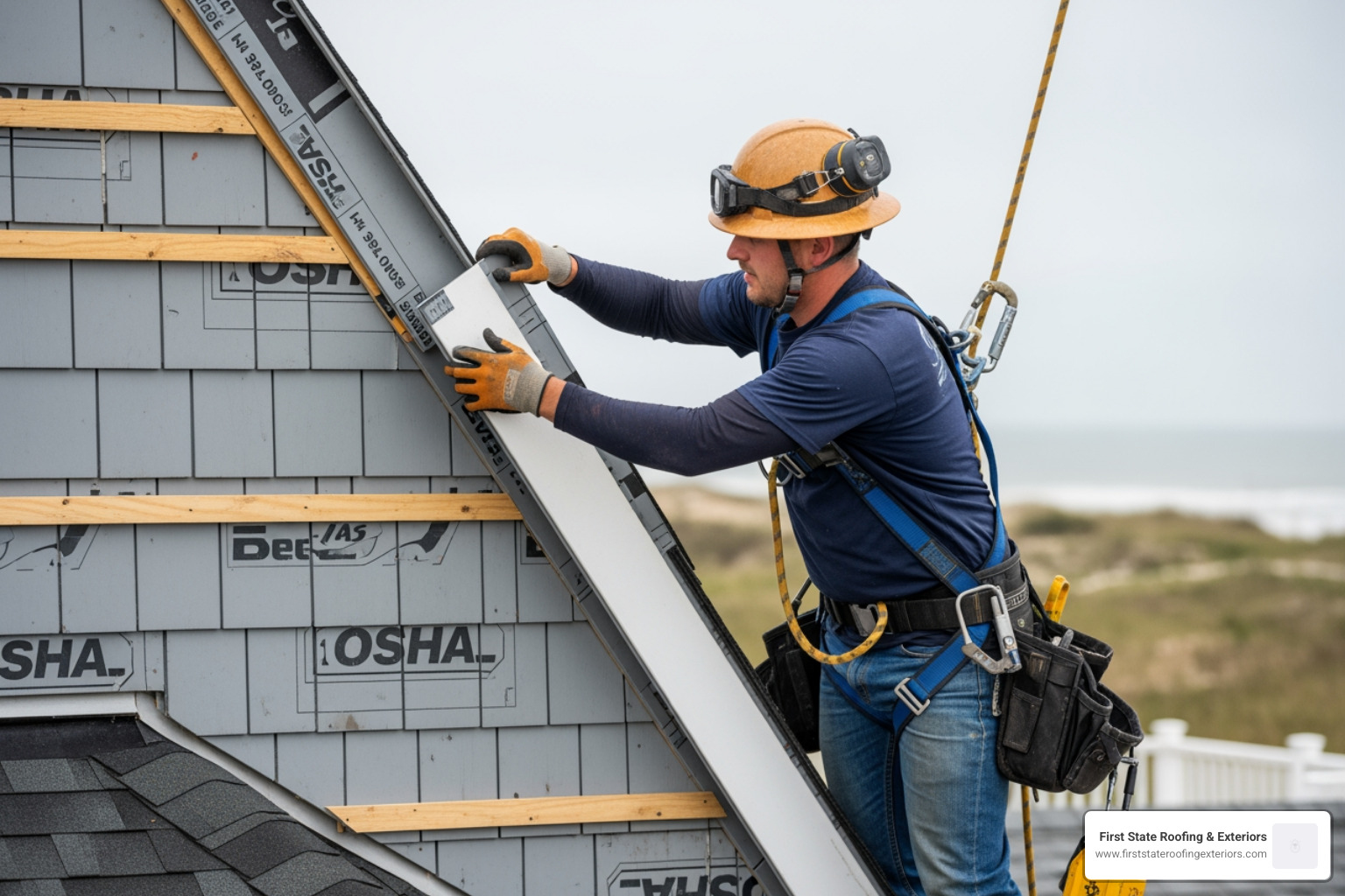 A professional roofer wearing an OSHA-compliant safety harness installs durable fiber cement siding on a coastal Delaware