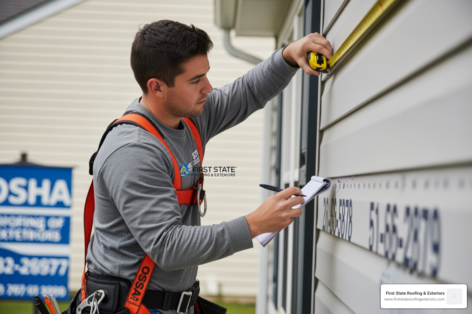 A professional contractor wearing a safety harness measuring siding panels on a home to provide an accurate repair estimate