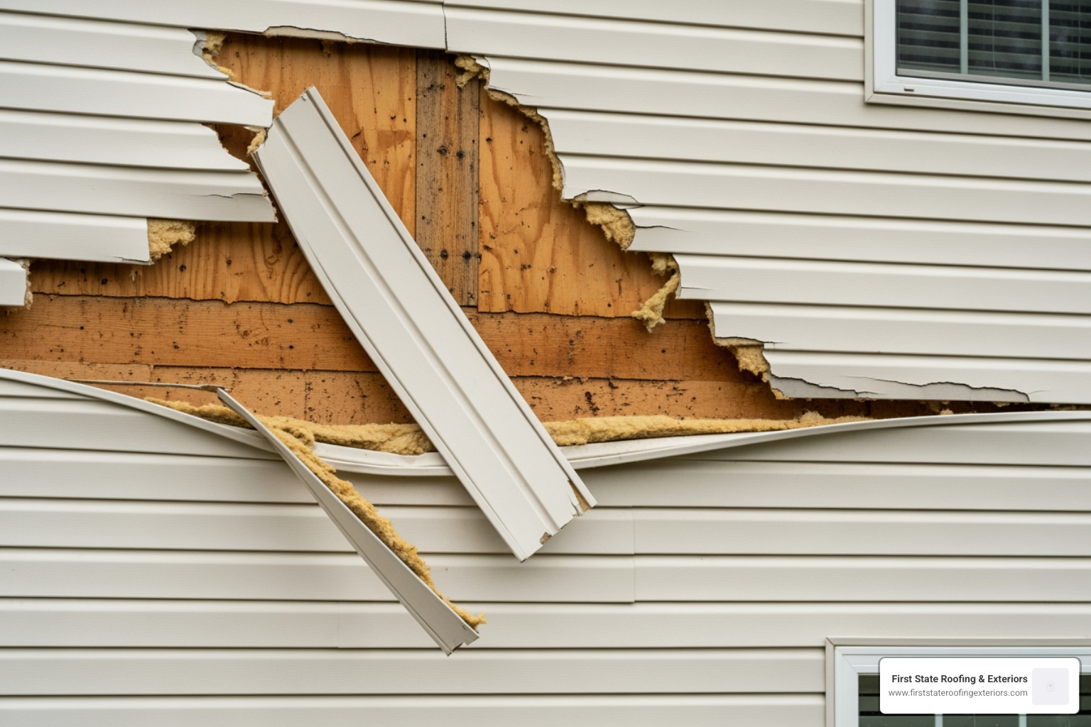 Wind-damaged vinyl siding showing loose and cracked panels on a home's exterior
