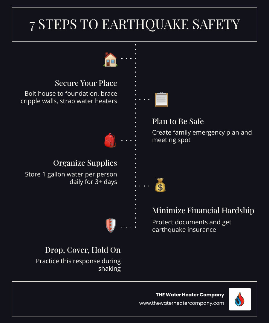 Seven Steps to Earthquake Safety infographic: Secure your place, Plan to be safe, Organize supplies, Minimize financial Seven Steps to Earthquake Safety infographic: Secure your place, Plan to be safe, Organize supplies, Minimize financial