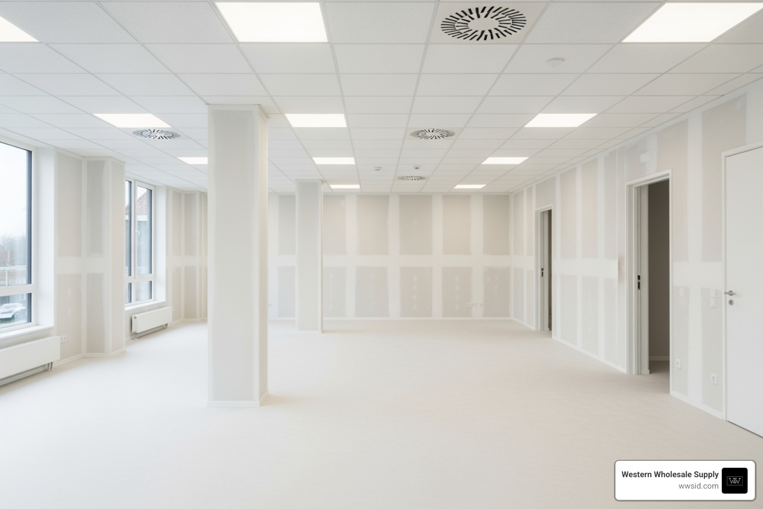 Professional architectural photography of a clean interior with high-quality drywall and acoustical ceilings installed Professional architectural photography of a clean interior with high-quality drywall and acoustical ceilings installed