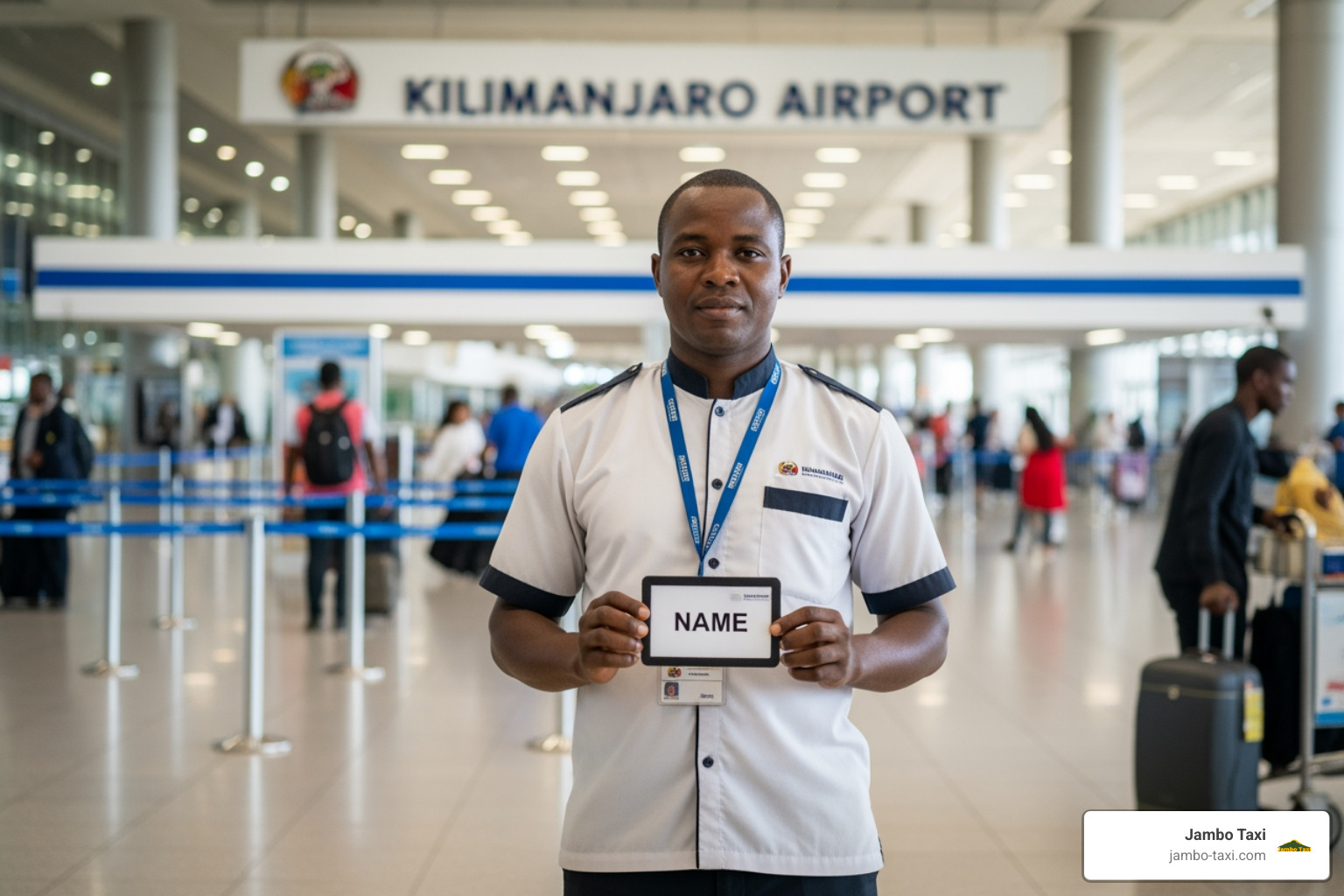 Professional driver holding a personalized name sign at the arrivals terminal of Kilimanjaro Airport