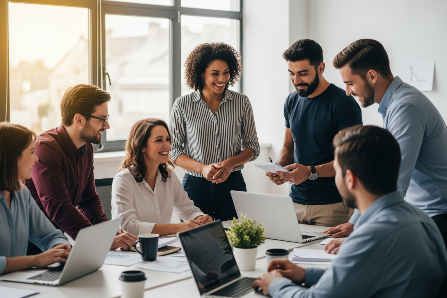 Employees working in a modern office environment collaborating and demonstrating positive organizational health Employees working in a modern office environment collaborating and demonstrating positive organizational health