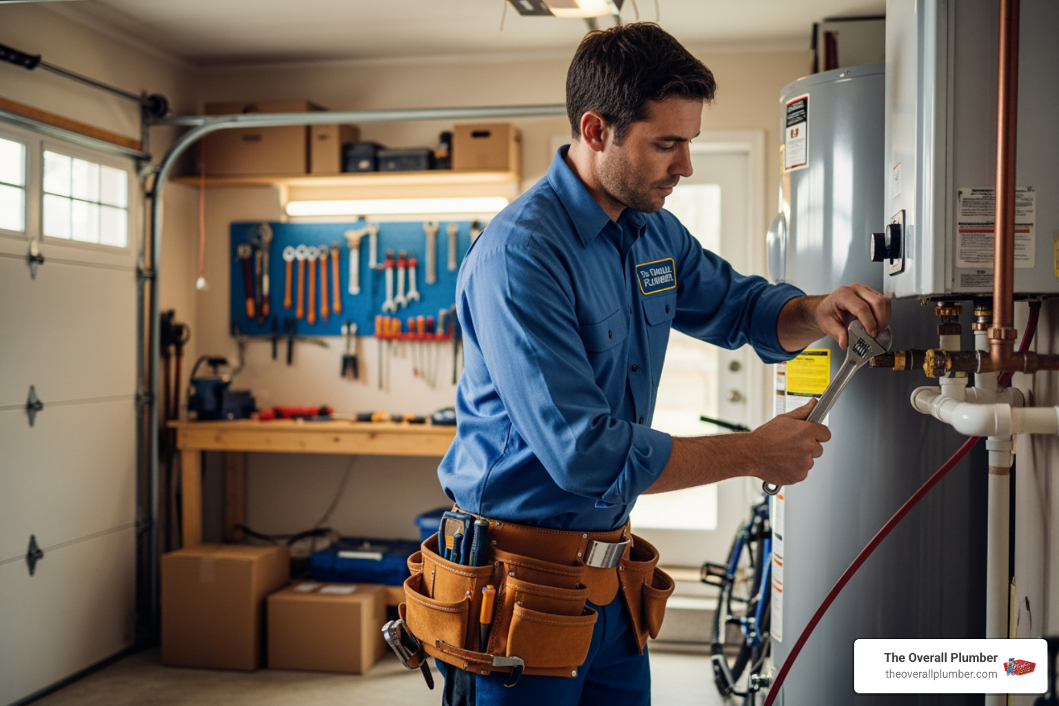 A professional plumber completing a water heater installation in a residential garage