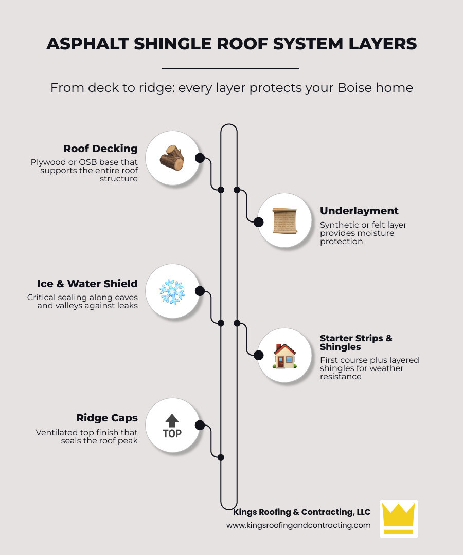 Infographic showing layers of an asphalt shingle roof system: decking, underlayment, ice and water shield, starter strips Infographic showing layers of an asphalt shingle roof system: decking, underlayment, ice and water shield, starter strips