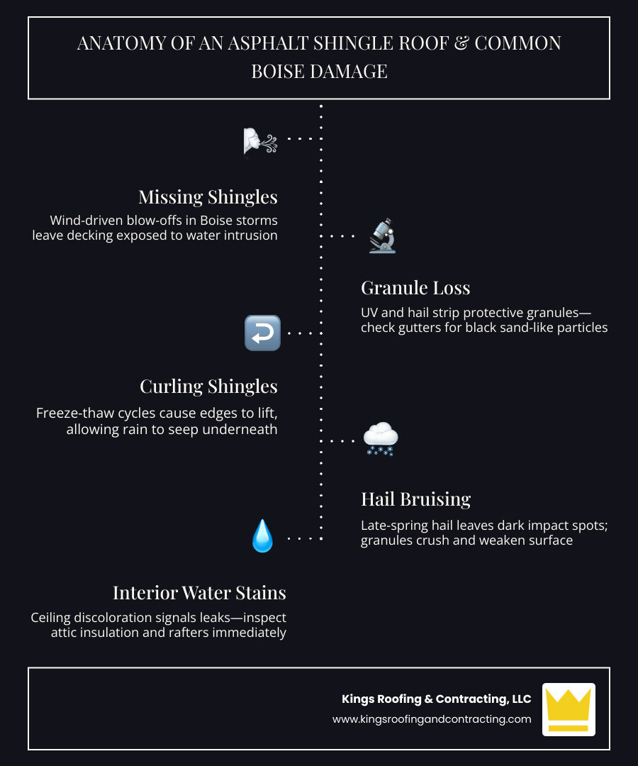 Anatomy of an asphalt shingle roof and common Boise damage types infographic