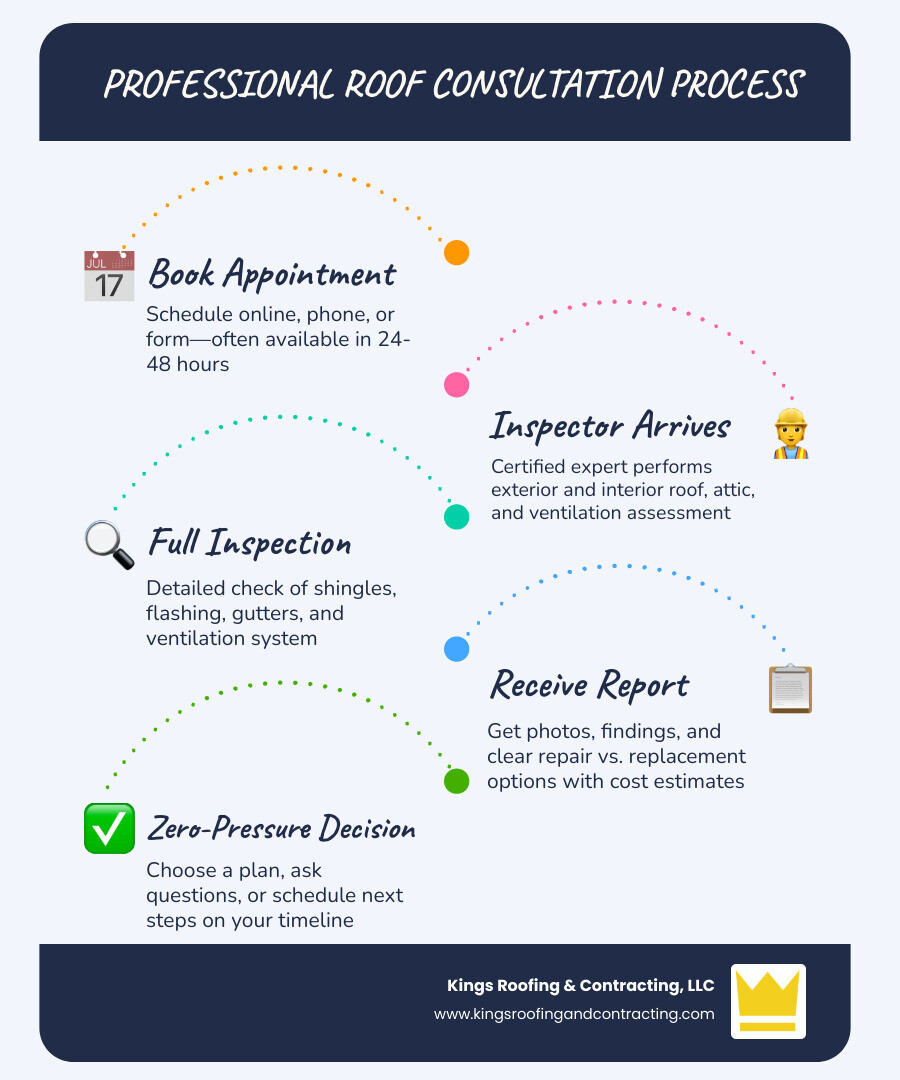 Step-by-step timeline infographic of a professional roof repair consultation appointment infographic