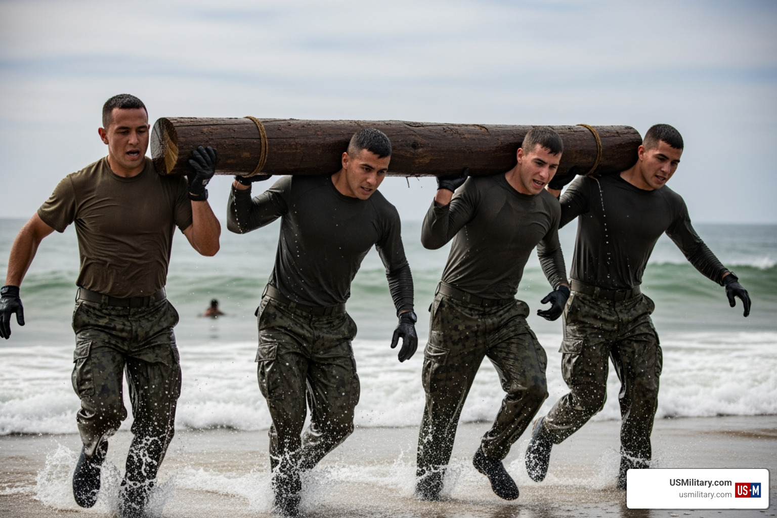 Navy SEALs during Hell Week carrying a heavy log Navy SEALs during Hell Week carrying a heavy log