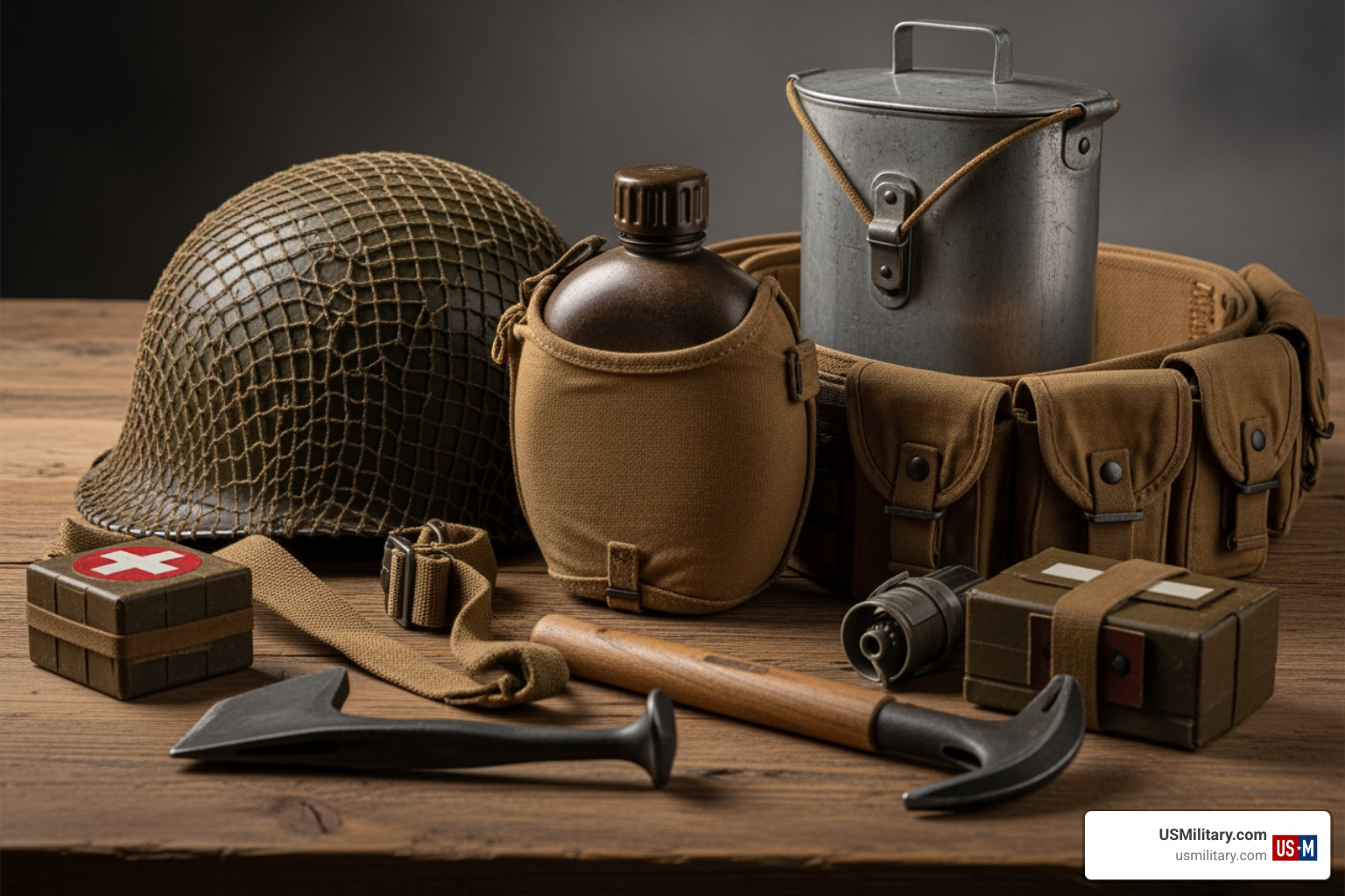 Historical United States Army combat gear and helmet on a wooden table Historical United States Army combat gear and helmet on a wooden table