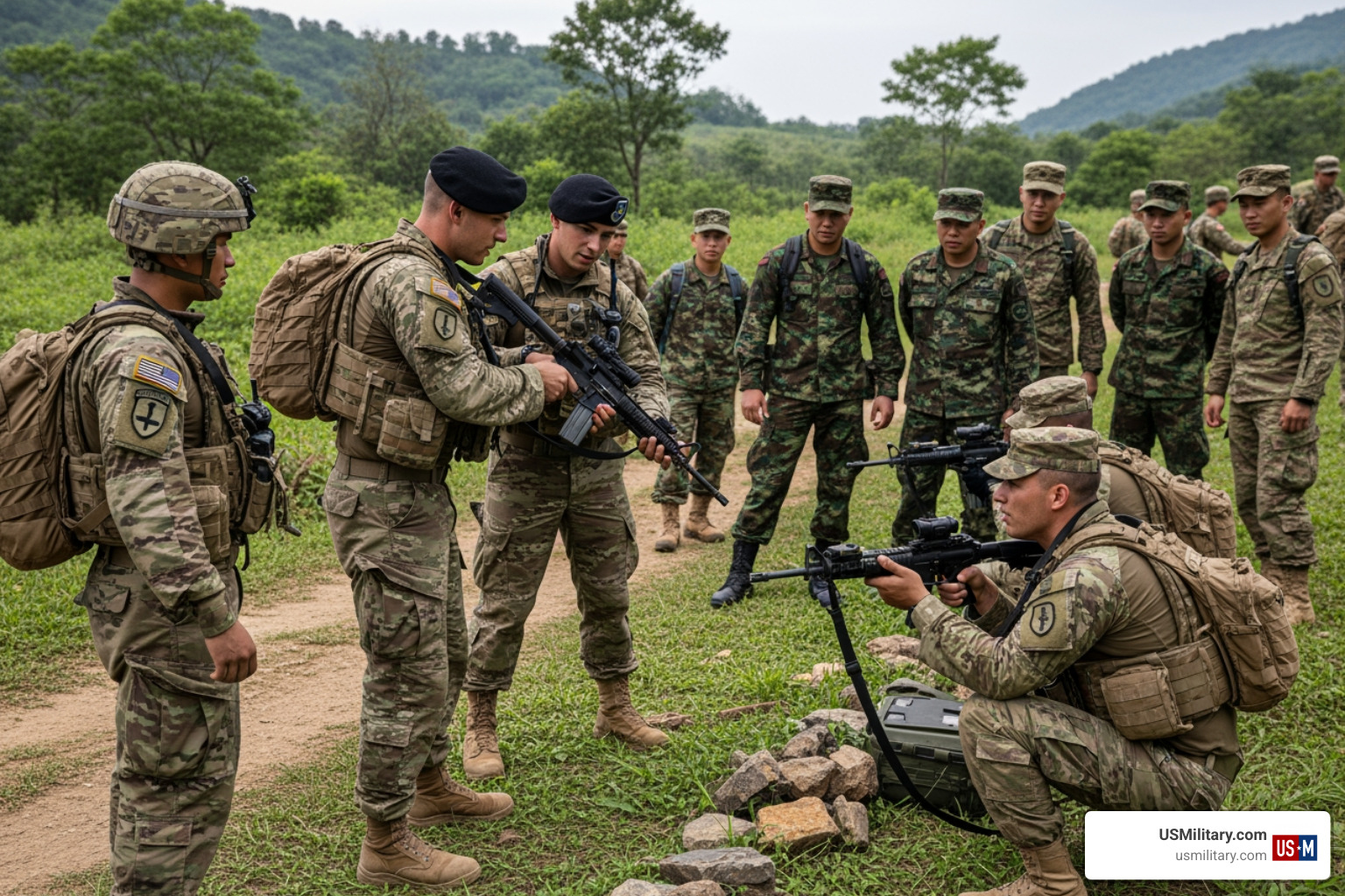 Green Beret operators working alongside and training foreign military partners in a rural environment Green Beret operators working alongside and training foreign military partners in a rural environment