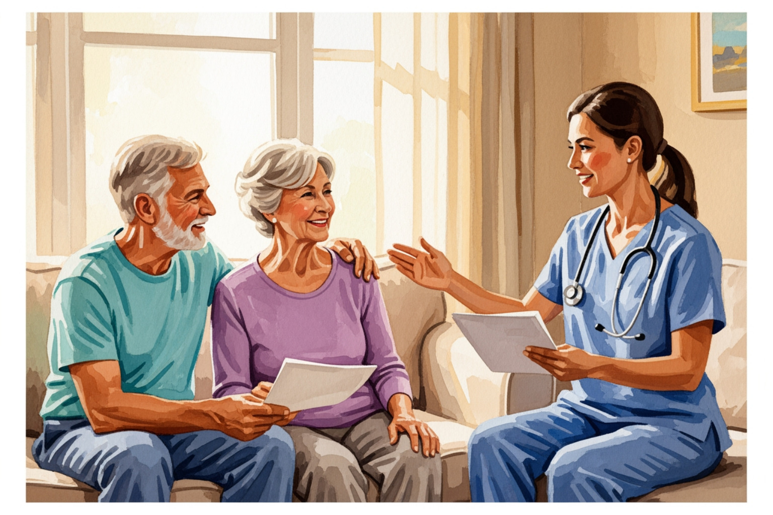 An older adult couple sitting with a physical therapist in a bright living room discussing exercise plans An older adult couple sitting with a physical therapist in a bright living room discussing exercise plans