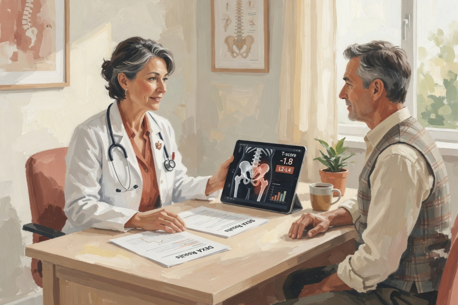 Doctor reviewing a patient's bone density DEXA scan results showing T-score and Z-score numbers on a report.