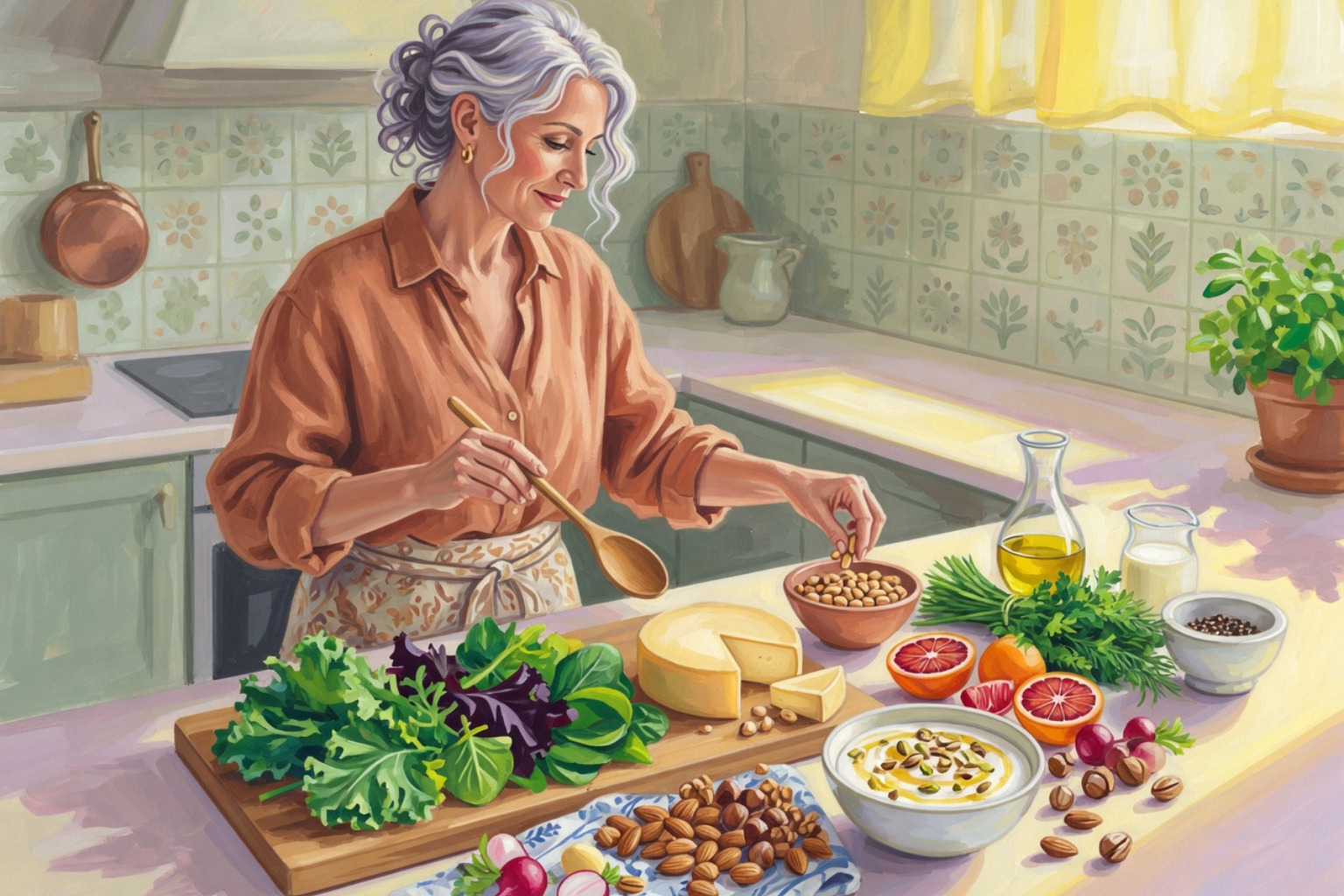 A confident man in his 60s preparing a nutrient-rich meal in a sunlit kitchen